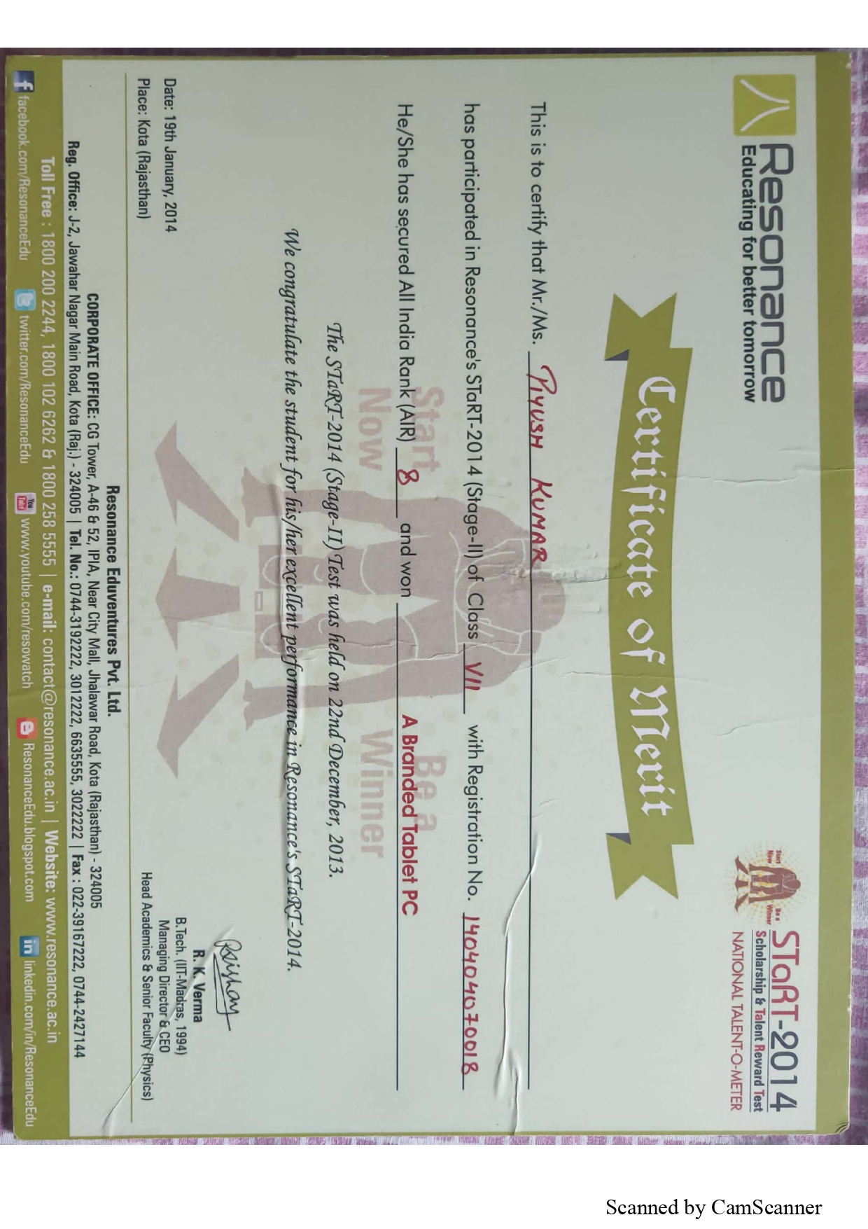Resonance's STaRT certificate, Class 7th